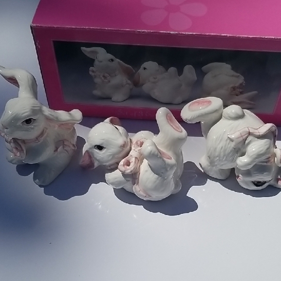 Ceramic Easter Bunny Figurines Set - White and Pink - Picture 2 of 5